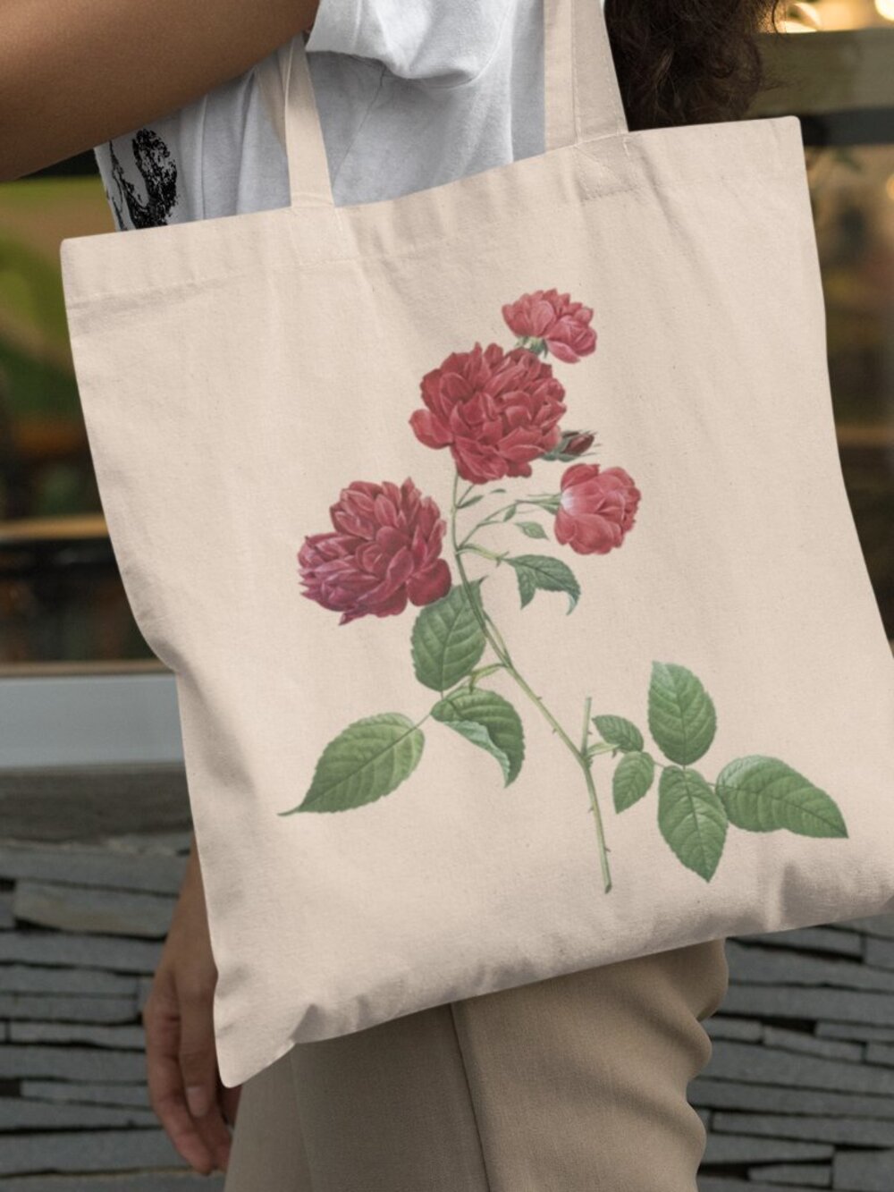Red Cabbage Rose Vintage Floral Print Graphic Canvas Tote Bag